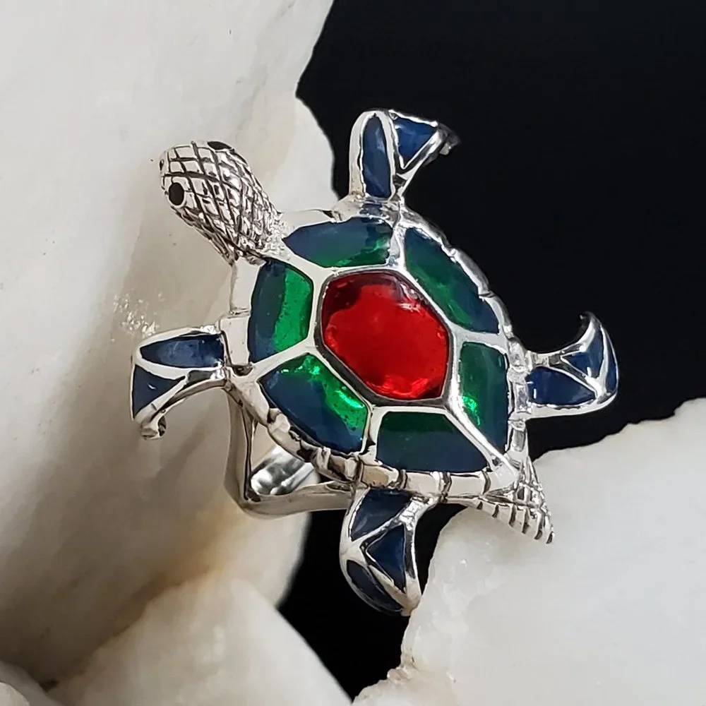 Solid Sterling Silver 925 Ring Turtle Hand Enameled Designer Jewelry